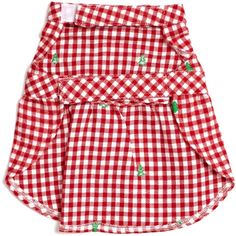 a red and white checkered skirt with green buttons on the front, sitting against a white background