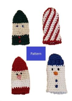 four crocheted mittens with snowmen on them and the words pattern written below