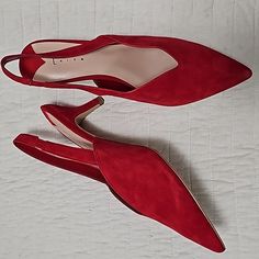 Nwt Slingbacks Suede Red 9.5 Heel 2" With Original Box Red Slingback Pumps With Red Sole And Open Heel, Red Slingback Pumps With Open Heel And Red Sole, Red Slingback Pumps With Open Heel, Red Open Heel Slingback Pumps With Red Sole, Red Slingback Sandals With 4-inch Heel, Red Slingback Kitten Heels For Formal Events, Red Slingback Pumps With 4-inch Heel, Red Slingback Kitten Heels With Heel Strap, Red Pointed Toe Slingback Sandals With Heel Strap