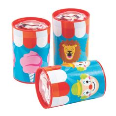 three children's plastic cups with cartoon characters on them, one is blue and the other is red