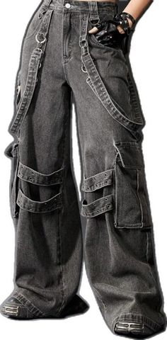 Punk Style Baggy Wide Leg Pants, Baggy Wide Leg Punk Pants, High Waist Grunge Cargo Jeans, Edgy Baggy High-waist Cargo Jeans, Punk Style Baggy Straight Leg Bottoms, Edgy High Waist Baggy Cargo Jeans, Edgy Streetwear Cargo Pants, Punk Style Baggy Wide Leg Jeans, Edgy Full Length Cargo Pants For Streetwear