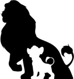 the lion and cub silhouette is shown in black on a white background, with an animal's tail sticking out