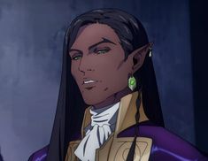 an animated character with long black hair and green eyes wearing earring's in front of a dark background