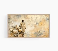 a painting of jesus walking with his flock of sheep