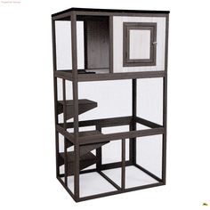 a tall cage with two doors and some shelves