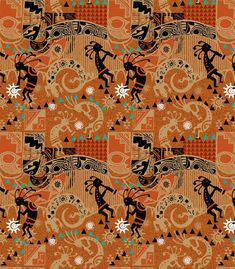 an orange and black pattern with animals on it