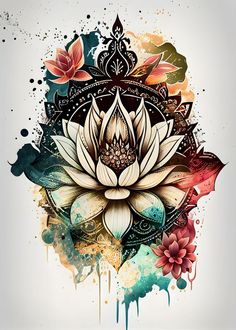 a lotus flower with watercolor splashs on the side and an artistic design in the middle