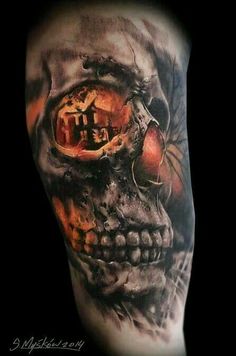 a man's arm with a skull and an eye tattoo on the upper half of his arm