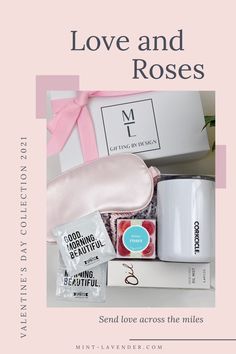 the love and roses gift box is packed with various items including a pink ribbon, coffee mug