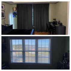 before and after photos of a bedroom window with blinds pulled back from the inside out