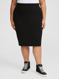 FIT Pencil silhouette. Measures 29” from waist to hem (size 2). MATERIALS + CARE Rib knit fabric. . 62% polyester, 33% rayon, 5% spandex. Machine wash cold. Line dry. . Imported. DETAILS 2” waistband. The best plus size women's midi rib column skirt pencil skirts in deep black made of polyblend. Torrid is your destination for cozy fall and winter clothes to keep you warm and comfortable. Black Stretch Elastane Pencil Skirt, Stretch Elastane Skirt For Fall, Black Stretch Pencil Skirt For Fall, Fall Stretch Elastane Skirt, Black Elastane Skirt For Fall, Flattering Black Stretch Skirt, Flattering Stretch Black Skirt, Flattering Black Lined Skirt, Black Relaxed Flattering Skirt