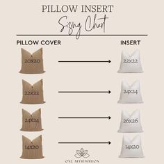 the pillow inserts for pillows are shown in different sizes and colors, along with measurements