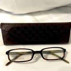 Authentic Gucci Eyeglass Frame Dark Havana Plastic With Nose Pads For Comfort Size 50 18 145 G Logo On Both Sides Gucci Leather Case Good For Petite Or Kids Both Men And Women Made In Italy Gucci Eyeglasses, G Logo, Gucci Leather, Gucci Accessories, Glasses Accessories, Eyeglasses Frames, Leather Case, Havana, In Italy