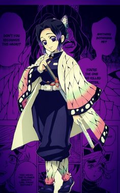 an anime character with purple hair and black clothes, holding a stick in her hand