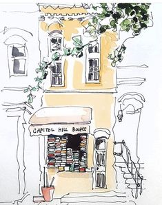 a drawing of a building with books on it