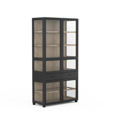 a tall glass cabinet with two doors and drawers on the bottom, in front of a white background