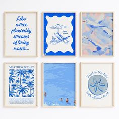 four framed art pieces with blue and white artwork on them, including one that reads like a tree planted by streams of flowing water