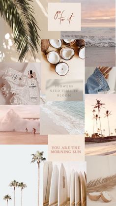 a collage of photos with palm trees, surfboards and other things in the background