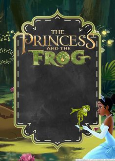 the princess and the frog is shown in front of a chalkboard with an image of a frog on it