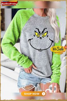 Grinch Chirstmas Green Sleeve Sweatshirt White Boho Beach Dress, Grinch Drink, Grinch Christmas Sweater, Christmas Tops, Color Block Sweatshirt, Dress Sweater, Loose Pullover, Neck Hoodie, Christmas Hoodies