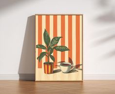 an orange and white striped wall with a potted plant on the floor next to it