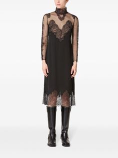 Valentino Garavani lace-appliqué Silk Midi Dress - Farfetch Evening Lace Midi Dress Knee-length, Evening Knee-length Midi Dress With Scalloped Lace, Evening Lace Dress With Patchwork In Midi Length, Evening Lace Dress With Lace Sleeves, Knee-length Midi Dress With Lace Trim For Cocktail, Knee-length Evening Dress With Lace Trim, Elegant Knee-length Midi Dress With Lace Collar, Elegant Midi Dress With Lace Cuffs, Knee-length Lace Trim Midi Dress For Cocktail