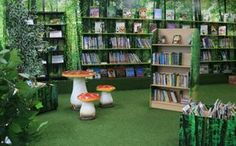 the children's library is filled with lots of books and toys, including mushrooms