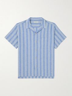 Oliver Spencer only uses the finest fabrics sourced from artisanal mills in Britain and Italy. Made from airy cotton and linen-blend, this shirt is patterned with wide stripes and has a relaxed camp collar. Relaxed Fit Yarn-dyed Linen Shirt, Linen Yarn-dyed Relaxed Fit Shirt, Summer Linen Yarn-dyed Shirt, Blue Linen Camp Shirt With Relaxed Fit, Blue Linen Camp Shirt For Vacation, Blue Relaxed Fit Linen Camp Shirt, Oliver Spencer, Wide Stripes, Oliver Peoples