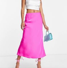 This Is A Super Cute Satin Maxi Skirt That Is Very In Right Now, As It Fits The Y2k Trend. It's Still New With Tags And This Style Is Sold Out! It Has An Elasticized Waistband And Slightly Flares Out At The Bottom. 100% Polyester. Machine Wash Cold, Inside Out. Waist - 24-28 Hips - Up To 36 Length - 37 Hot Pink Max Skirt, Midi Slip Skirt, Beach Maxi Skirt, Long Pencil Skirt, Satin Maxi Skirt, Asos Petite, Petite Skirt, Slip Skirt, Satin Maxi