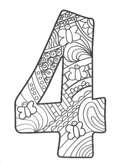 the number four is decorated with flowers and swirls in black and white coloring pages