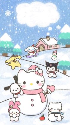 hello kitty and her friends are playing in the snow