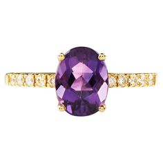 Eliania Rosetti's studio in São Paulo/Brazil designed this elegant solitaire and engagement ring in 3D programming. Its main stone is an oval shaped amethyst measuring 9 x 7mm and 5 diamonds measuring 1.5mm on each side of this stone, totaling 10 diamonds weighing 0.16 carats. The height of the main stone lends elegance to the piece, while the diamonds add value and shine to the set. This ring was produced in Europe/Portugal in 18k GOLD (carats) also known as 750 gold, hallmarked by the Mint and identified with the hallmark of MISSIAN JEWELERY, guaranteeing the use of the noble material described above and whose company is standardized. Amethyst is the birthstone for February, one of the most sought after crystals today and well known for its striking purple color. It's a variety of quartz Classic Amethyst Solitaire Diamond Ring, Classic Amethyst Diamond Ring In Yellow Gold, Classic Diamond Solitaire Amethyst Ring, Classic Oval Amethyst Ring With Diamond, Classic Amethyst Diamond Ring For Anniversary, Classic Solitaire Amethyst Ring With Diamond, Classic Yellow Gold Amethyst Ring With Diamond Accents, Classic Brilliant Cut Round Amethyst Ring, Classic Purple Diamond Ring With Prong Setting