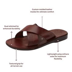 The Elan Men's Slip-On Sandals offer a simple and classic silhouette that is perfect for everyday wear, thanks to their comfortable leather upper sole that conforms to the shape of your feet. These leather sandals feature thick cross straps in brown leather that easily complement any outfit or activity, making them a versatile choice for any occasion. The Elan Men's Slip-On Sandals are handcrafted in East Jerusalem using the finest quality materials, including natural vegetable-tanned leather an Brown Slip-on Footbed Sandals With Leather Sole, Adjustable Brown Slip-on Footbed Sandals, Comfortable Leather Sandals, Rugged Brown Slip-on Sandals, Brown Leather T-strap Sandals With Removable Insole, Jesus Sandals, Brown Adjustable T-strap Sandals With Leather Sole, Mens Leather Sandals, Brown Leather Sandals