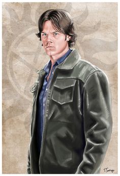 a drawing of a man in a leather jacket with his hands in his pockets and looking at the camera