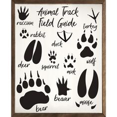 an animal track guide is displayed in a wooden frame with black and white images on it