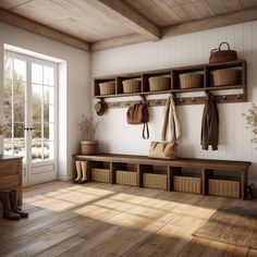 a wooden bench sitting under a window next to a wall filled with baskets and bags