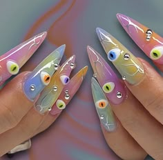 Evil Eye Nails Long, Long Nails Pointy, Summer Nail Square, Aquarius Nails, Nails Evil Eye, Nails Pink Blue, Nail Square, Pointy Nails