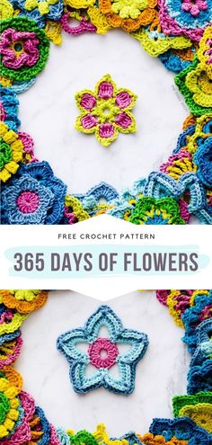 crochet pattern with the text, free crochet pattern 365 days of flowers