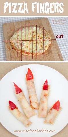 pizza fingers are arranged on a plate and placed on a cutting board with the words, healthy halloween snacks for kids no