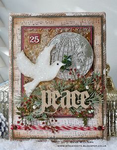 a christmas card with a dove on it and the word peace written in white letters