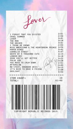 the concert ticket for lover is shown on a pink and blue background with white clouds