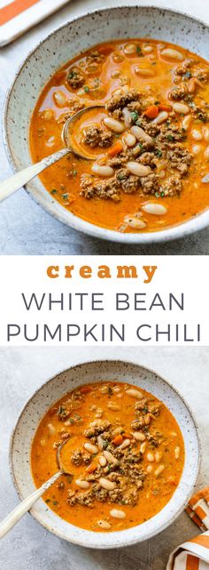 creamy white bean pumpkin chili soup in a bowl