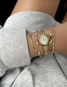 bracelet stack Jewelry Accessories Ideas, Gold Bracelets, 가을 패션