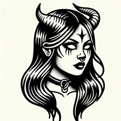 a black and white drawing of a woman with horns on her head