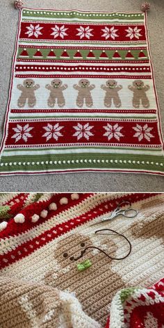 a knitted christmas blanket with teddy bears on it