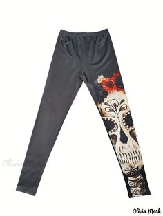 Olivia Mark - Skull & Floral Print Skinny Leggings, Casual Elastic Waist Stretchy Leggings, Women's Clothing Halloween Stretch Skull Print Leggings, Fall Care, Stretchy Leggings, Leggings Women, Leggings Casual, Olivia Mark, Long Length, Autumn Summer, Jeggings