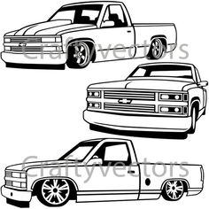 three pickup trucks are shown in black and white