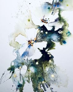 watercolor painting of white flowers with green and blue leaves in the center, against a white background