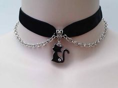 Ribbon Choker Necklace, Black Velvet Ribbon, Ribbon Choker, Goth Jewelry, Charm Chain, Diamond Necklaces, Cat Charm, Choker Collar