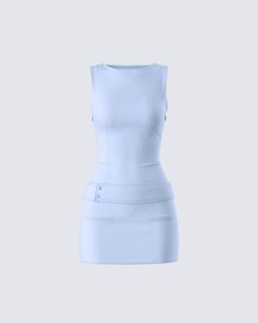 It’s giving business chic 💅 From the office to dinner with the girls, you will be taking charge in this light blue mini dress made from suiting fabric and complete with a wide belt, boat neckline, and welt pockets 💙 Miu Miu Mini Dress, Finesse Clothing, Light Blue Clothes, Libra Szn, Princess Switch, Fall Dinner Outfit, Blue Dress Outfit, Baby Blue Outfit, Fall Mini Skirt